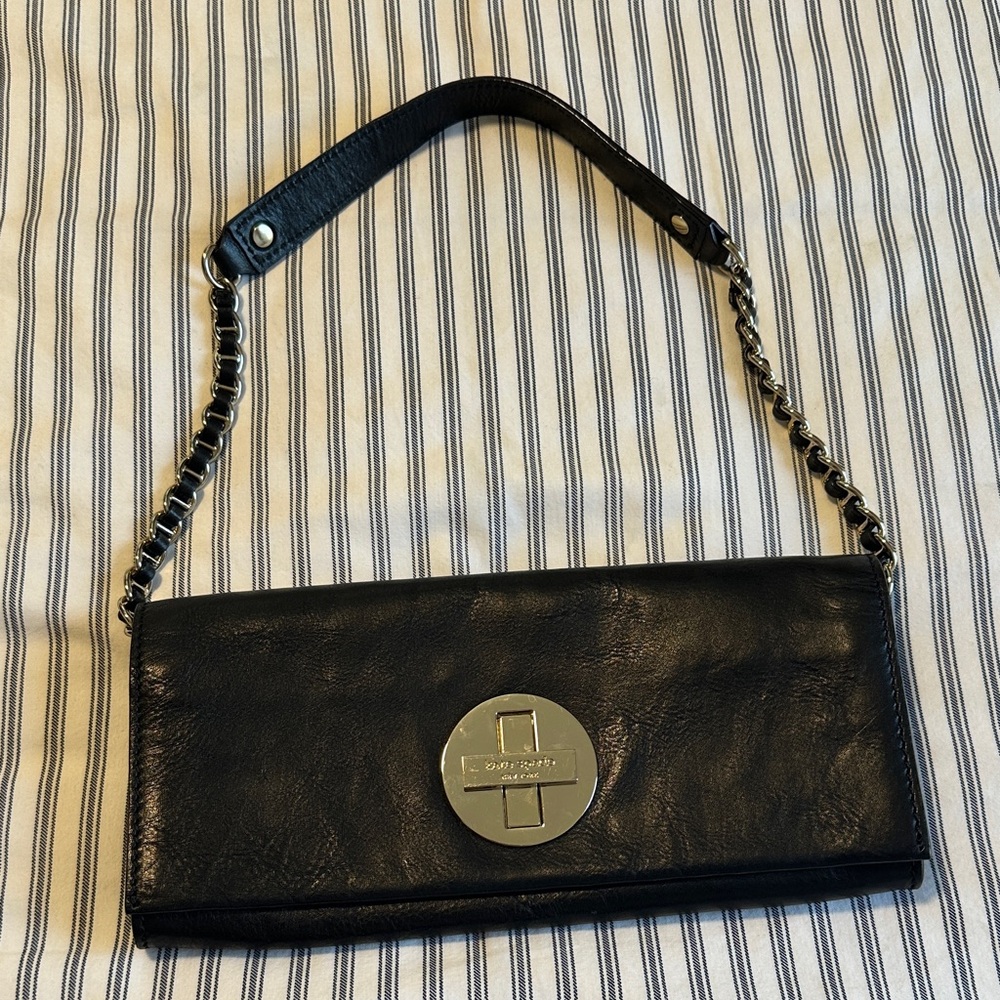 Kate Spade Black Leather Wristlet with Silver Chain